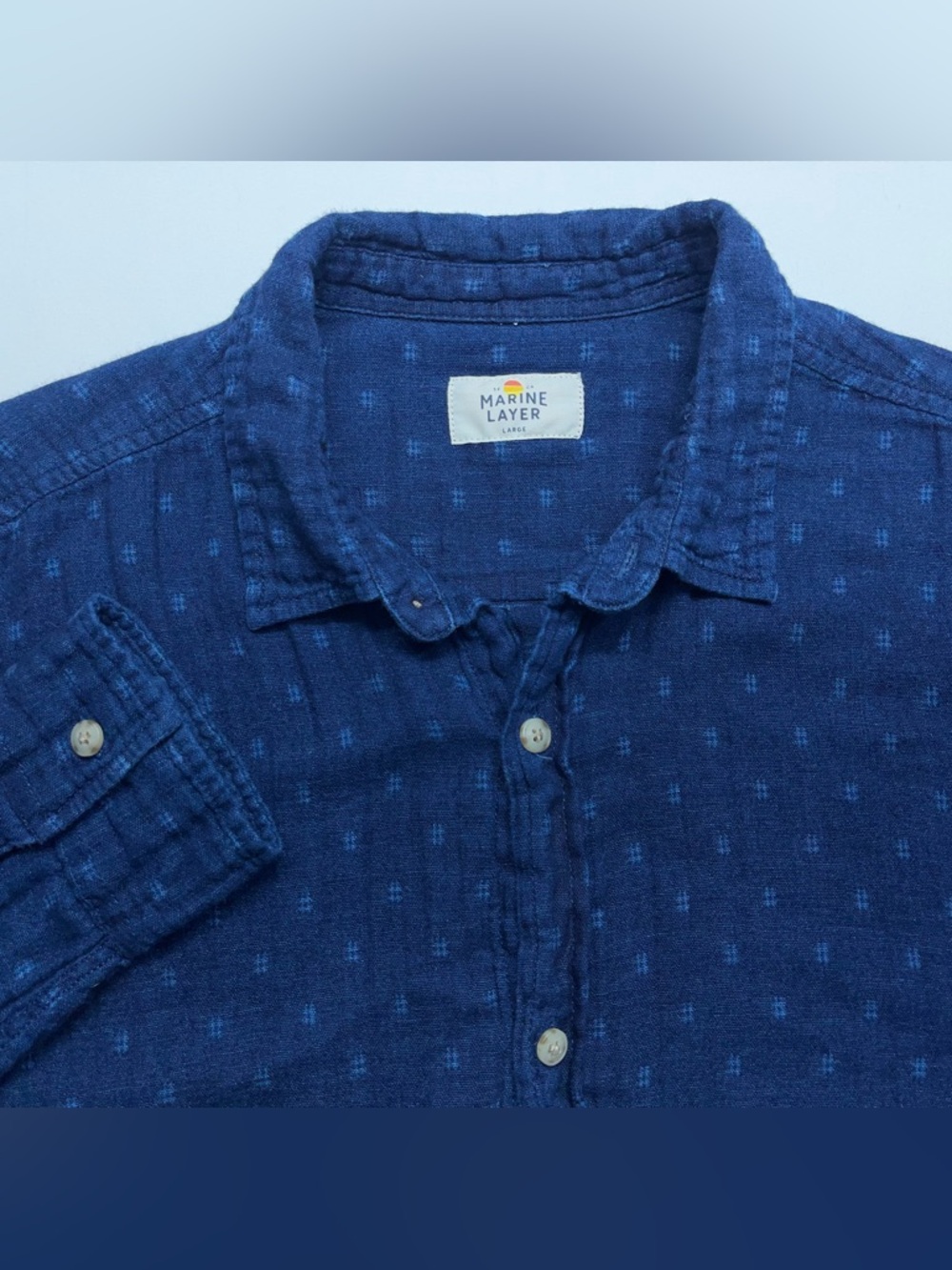 Marine Layer Shirt Mens Size Large Blue Button Down Long Sleeve Crinkled Sleeve